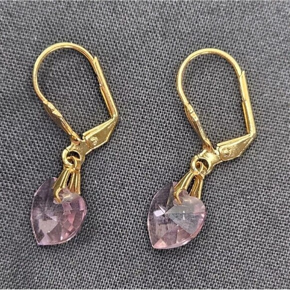 Vintage Pink Glass Heart Gold Tone Ladies Dangle Leverback Earrings - Picture 4 of 6